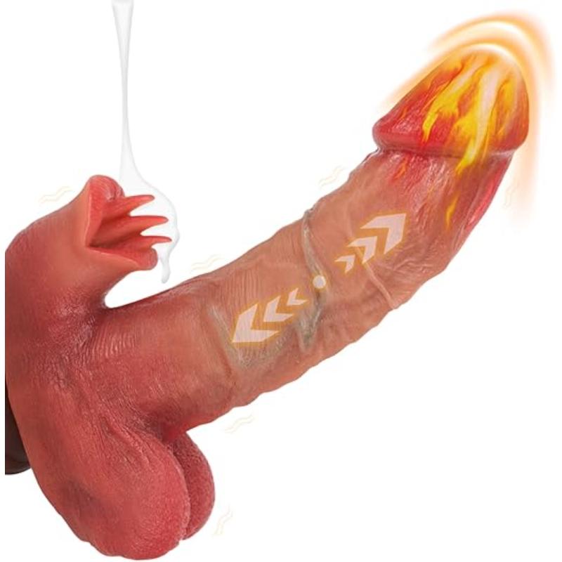 Dildo silicona realista 4 en 1 vibra, empuja,calienta y lame. Control remoto  
